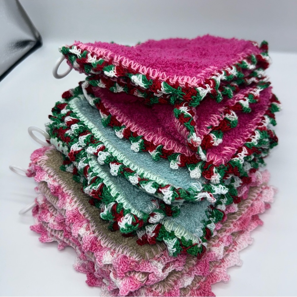 Vintage 6" handmade crocheted wash clothes hot pads 4 sided st of 6 multi-color